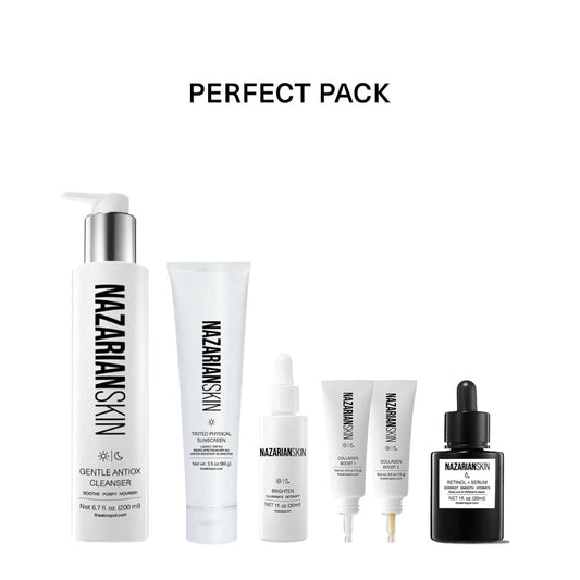 NazarianSkin Perfect Pack starter regimen featuring cleanser, sunscreen and serums for a complete daily skincare routine