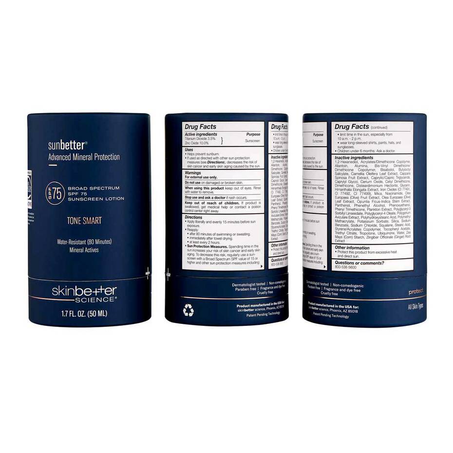 SkinBetter Sunbetter Tone Smart SPF 75 sunscreen lotion packaging showing drug facts ingredients and product details