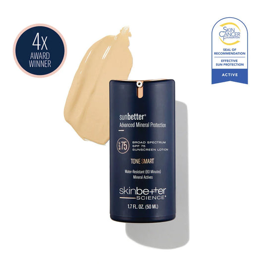 Sunbetter Tone Smart SPF 75 tinted mineral sunscreen with Skin Cancer Foundation seal and broad spectrum protection