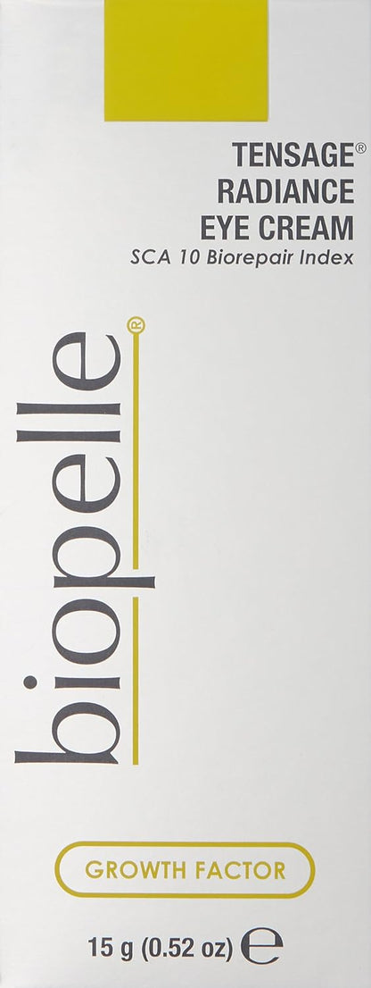 Tensage Radiance Eye Cream front box image shows SCA 10 Biorepair Index, Biopelle branding and growth factor eye cream pack.