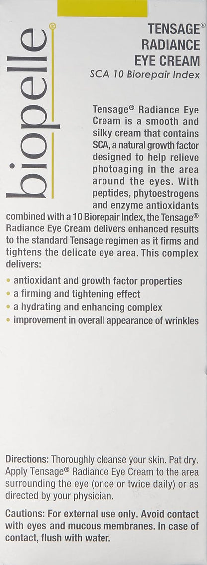 Tensage Radiance Eye Cream packaging panel lists SCA, peptides, antioxidants, directions and firming eye area benefits.