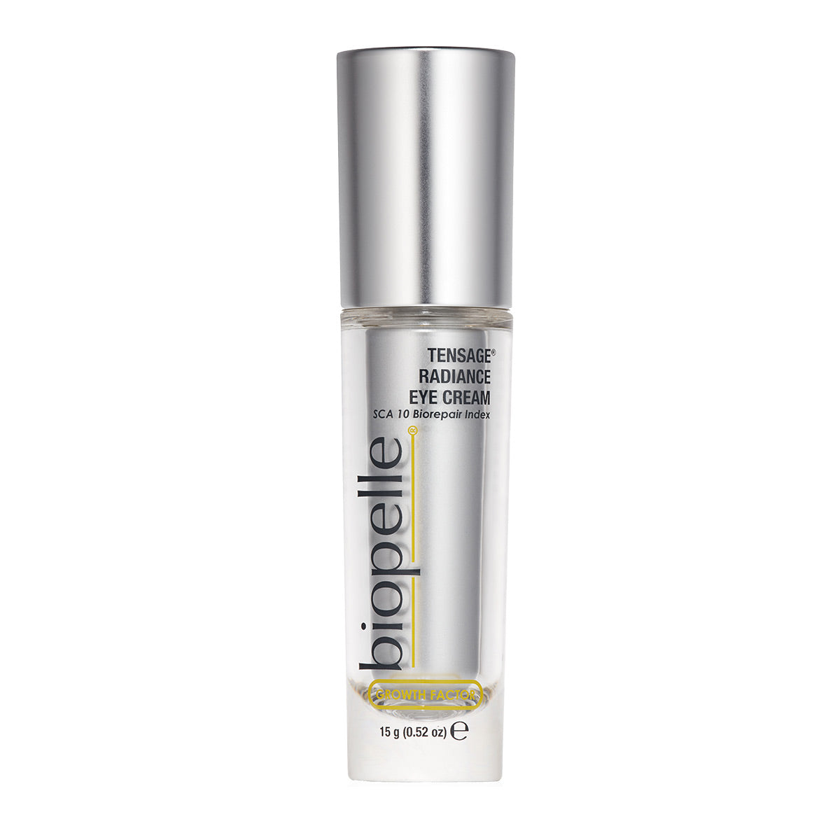 Tensage Radiance Eye Cream bottle with SCA Biorepair growth factors and peptides for dark circles, puffiness and fine lines.