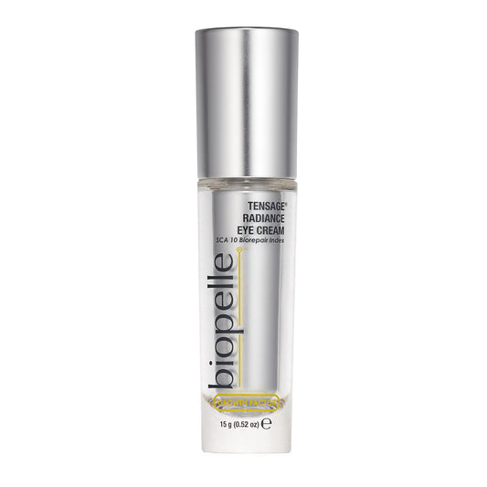 Tensage Radiance Eye Cream bottle with SCA Biorepair growth factors and peptides for dark circles, puffiness and fine lines.