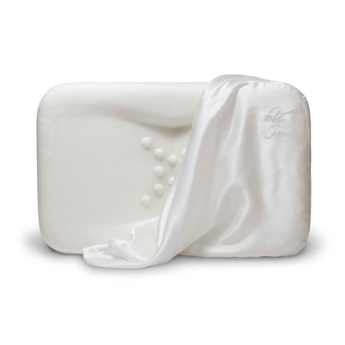 The enVy Copper Silk Pillow image shows organic latex core with white copper silk cover draped over contoured pillow shapes.