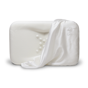 The enVy Copper Silk Pillow image shows organic latex core with white copper silk cover draped over contoured pillow shapes.