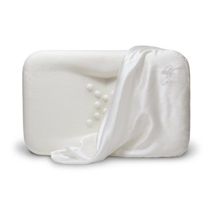 The enVy Copper Silk Pillow image shows organic latex core with white copper silk cover draped over contoured pillow shapes.