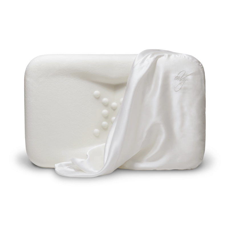 The enVy Copper Silk Pillow image shows organic latex core with white copper silk cover draped over contoured pillow shapes.