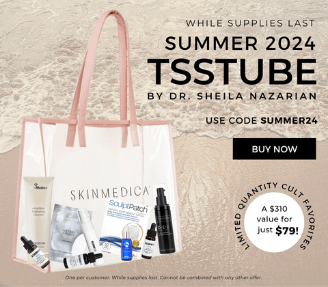TSSTUBE Summer 2024 skincare kit by The Skin Spot with travel minis, tote, SUMMER24 code, and $310 value for just $79 deal!!