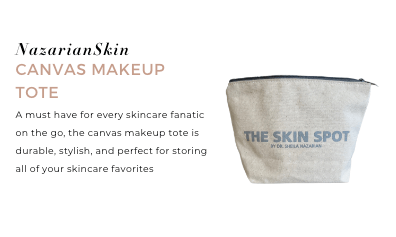 NazarianSkin canvas makeup tote from The Skin Spot stores travel skincare minis and daily beauty essentials on the go.