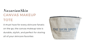 NazarianSkin canvas makeup tote from The Skin Spot stores travel skincare minis and daily beauty essentials on the go.