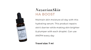 NazarianSkin HA Boost serum travel size helps maintain skin moisture, repair barrier, and brighten dull skin every day.