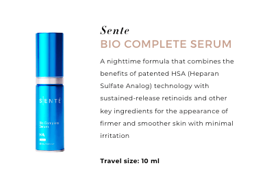 Sente Bio Complete Serum travel size uses patented HSA with retinoids to smooth skin with minimal irritation daily.