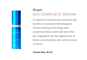 Sente Bio Complete Serum travel size uses patented HSA with retinoids to smooth skin with minimal irritation daily.