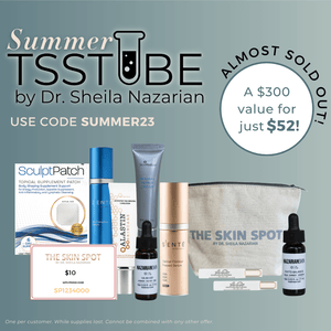 The Skin Spot Summer TSSTUBE kit with skincare minis, tote, gift card, and code SUMMER23, a $300 value for just $52. bundle!