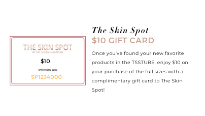 The Skin Spot $10 gift card included in TSSTUBE kit gives savings toward full size skincare favorites after sampling.