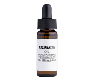 NazarianSkin 15% Niacinamide Serum sample helps brighten, restore and protect uneven tone in a travel-size bottle daily use.