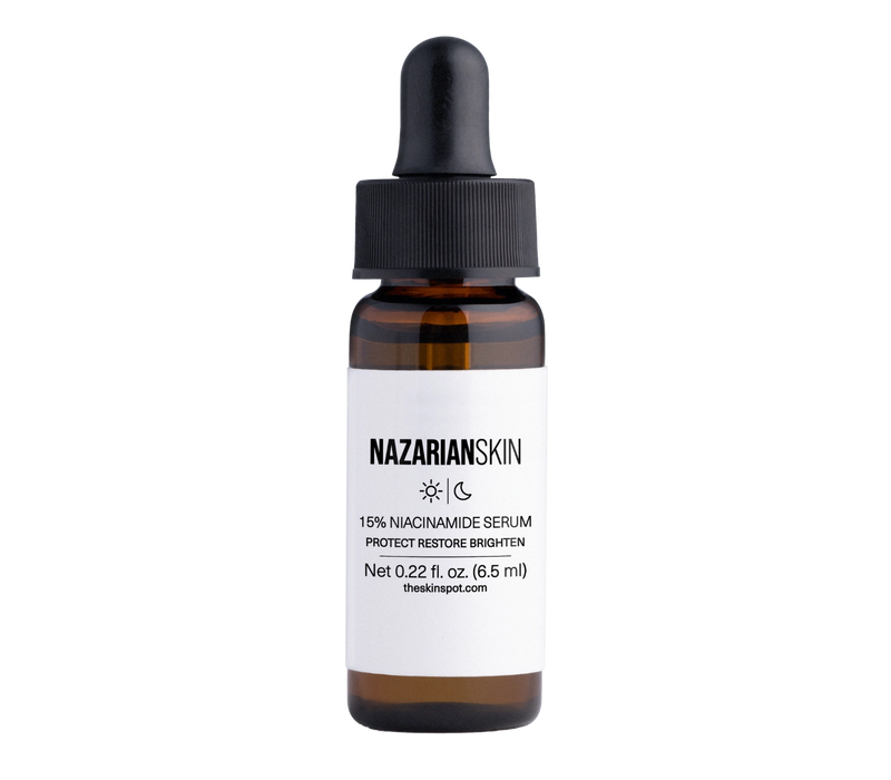 NazarianSkin 15% Niacinamide Serum sample helps brighten, restore and protect uneven tone in a travel-size bottle daily use.