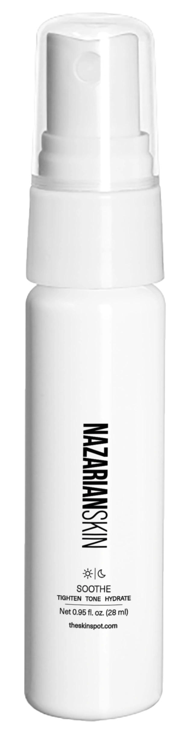 NazarianSkin Soothe sample face mist helps tighten, tone and hydrate skin in a white spray bottle for daily use anytime set.