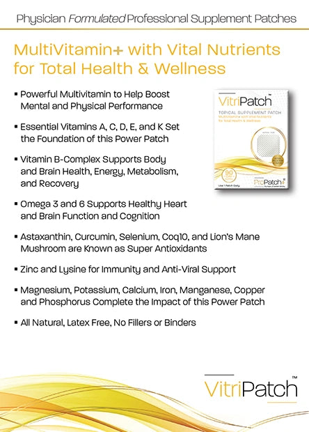 VitriPatch topical supplement patch showing multivitamin ingredients and health benefits for daily nutrition support