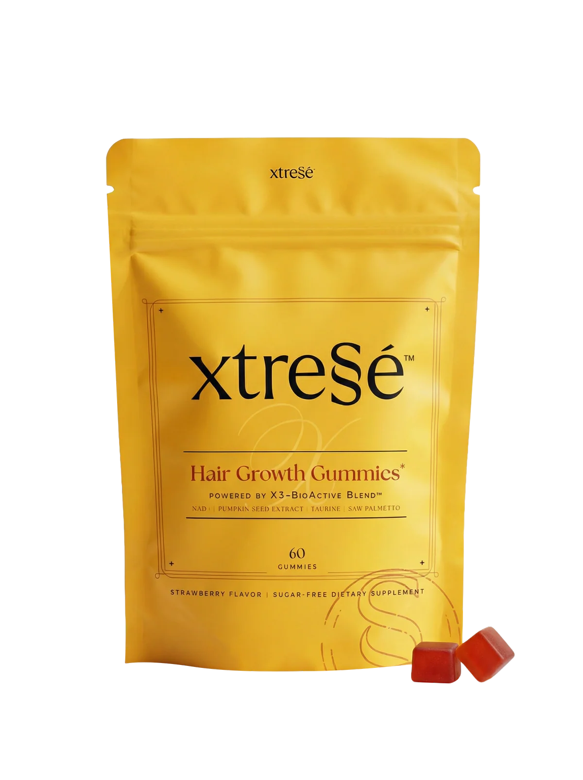 Xtrese Hair Growth Gummies pouch with strawberry gummies for hair support during weight loss and daily wellness routine set.