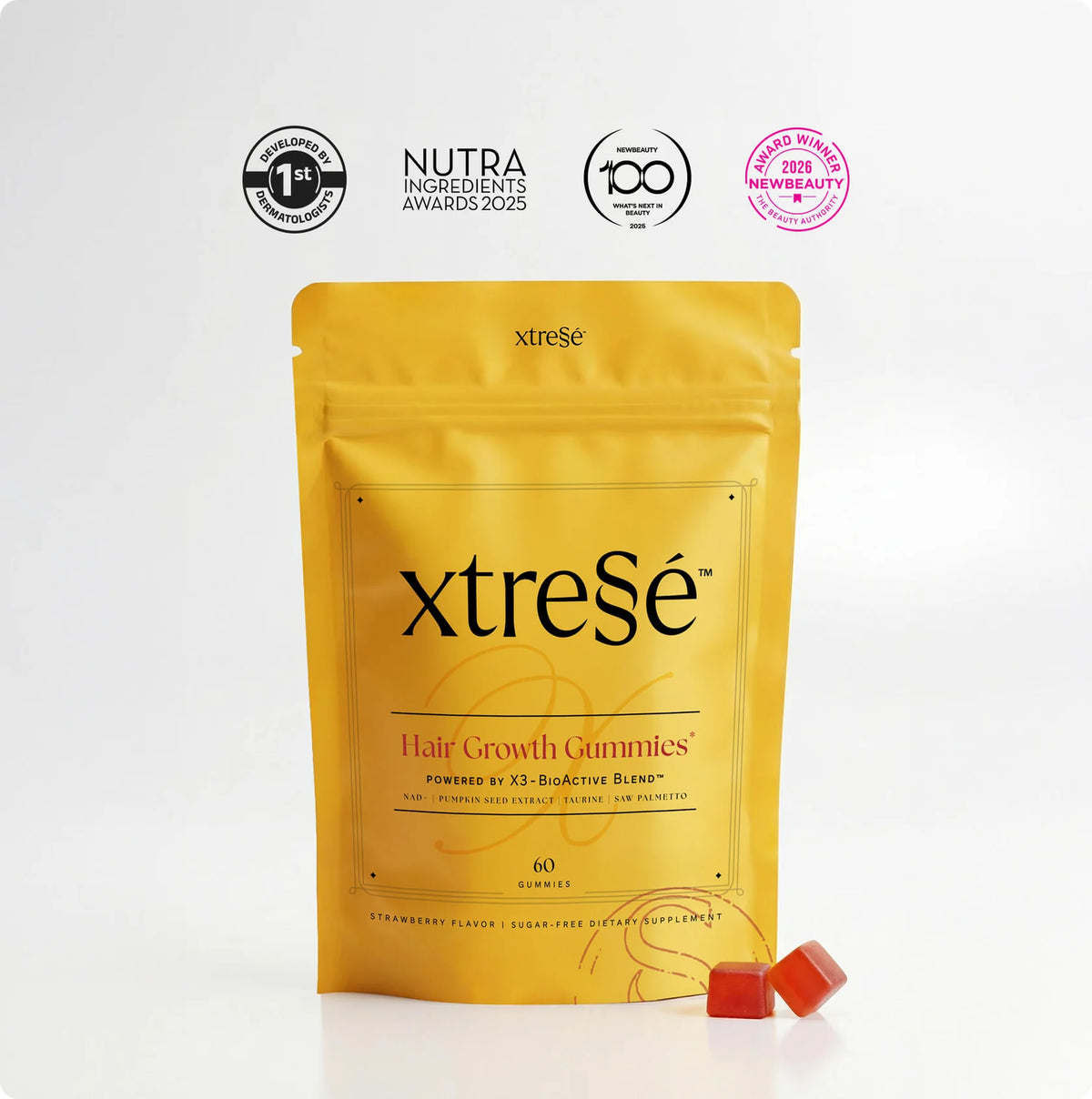 Xtressé hair gummies package — dermatologist-developed gummy hair vitamin with NAD+ and saw palmetto for hair loss
