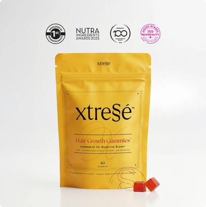 Xtressé hair gummies package — dermatologist-developed gummy hair vitamin with NAD+ and saw palmetto for hair loss