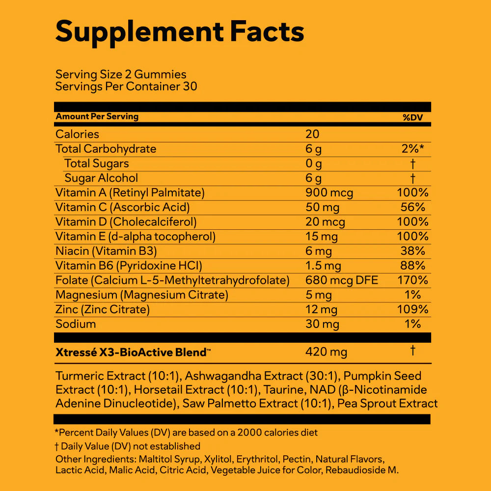 Xtressé hair growth gummies supplement facts — key ingredients including NAD+, pumpkin seed extract, taurine, saw palmetto, and ashwagandha