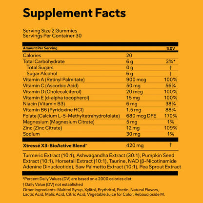 Xtressé hair growth gummies supplement facts — key ingredients including NAD+, pumpkin seed extract, taurine, saw palmetto, and ashwagandha