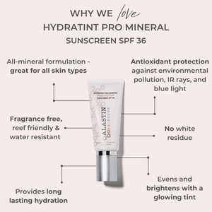 alastin tinted sunscreen SPF 36 infographic showing mineral protection hydration and glowing tint benefits for daily use