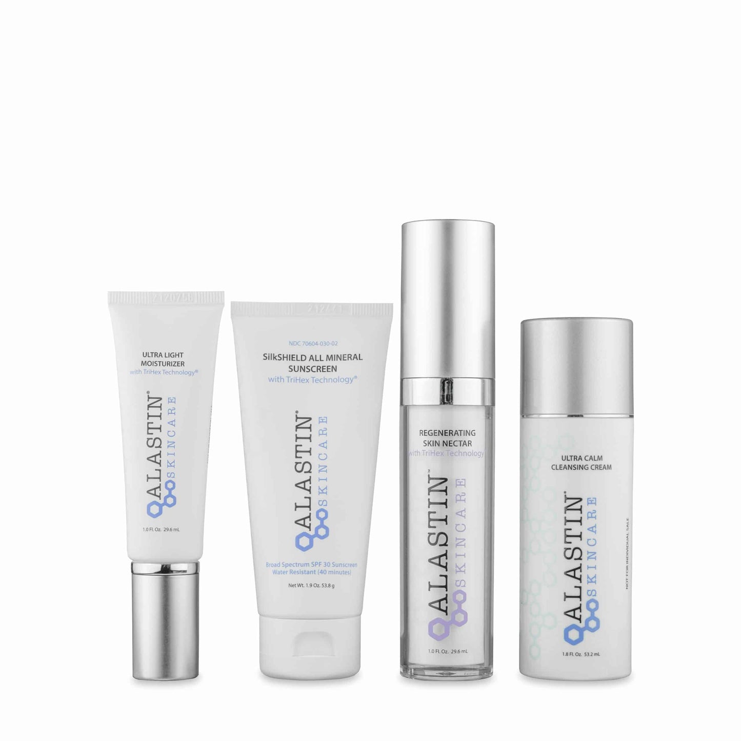 Alastin Procedure Enhancement System products set with cleanser serum moisturizer and sunscreen for skin recovery care