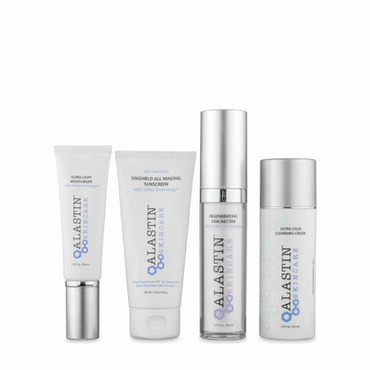 Alastin Procedure Enhancement System products set with cleanser serum moisturizer and sunscreen for skin recovery care