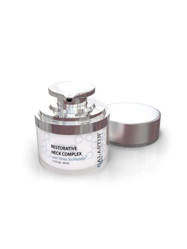 Alastin Restorative Neck Complex cream jar with TriHex Technology open view neck wrinkle treatment for smoother skin