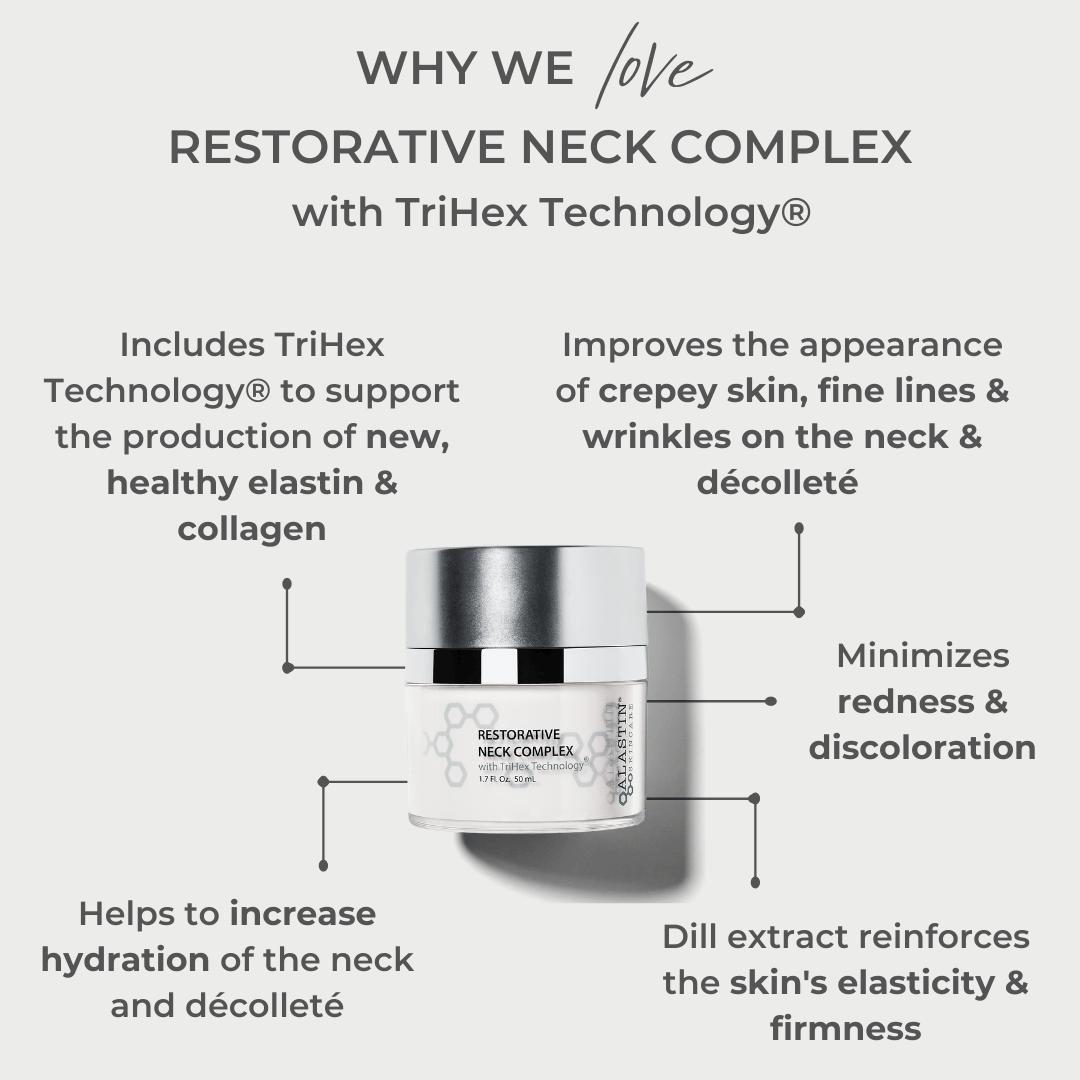 Alastin Restorative Neck Complex with TriHex Technology showing crepey neck treatment benefits for wrinkles hydration