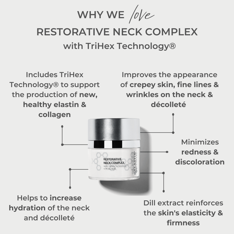 Alastin Restorative Neck Complex with TriHex Technology showing crepey neck treatment benefits for wrinkles hydration