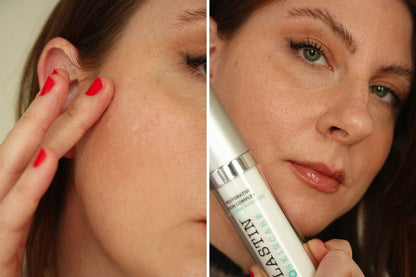 Applying Alastin Restorative Skin Complex serum showing smooth glowing skin and even texture after use