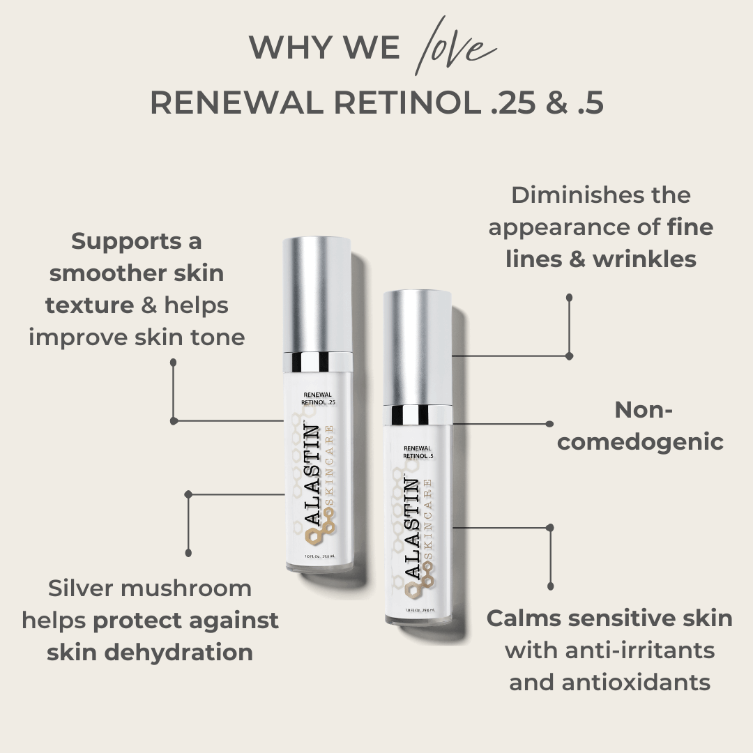 Alastin Skincare Renewal Retinol 0.5 retinol serum showing benefits for fine lines wrinkles and smoother skin texture