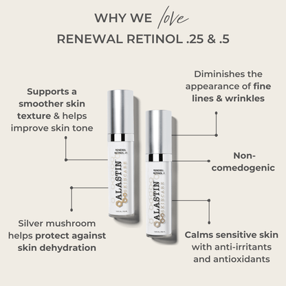 Alastin Skincare Renewal Retinol 0.5 retinol serum showing benefits for fine lines wrinkles and smoother skin texture