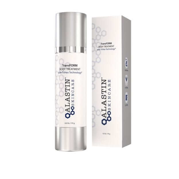 Alastin Skincare TransFORM Body Treatment with packaging box showing firming lotion with TriHex Technology for smoother skin