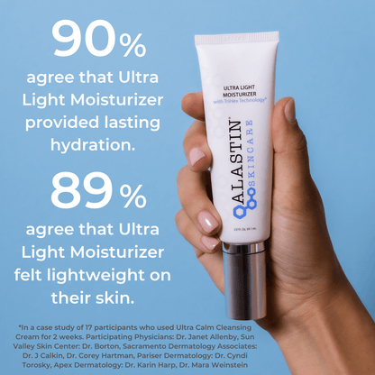 Alastin Ultra Light Moisturizer in hand showing lightweight hydration results with oil free formula for smooth skin daily use