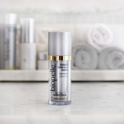 Biopelle Tensage Stem Cell Cream on spa vanity with CellPro, retinol and peptides for wrinkles and smoother facial textures.