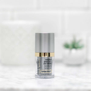 Biopelle Tensage Stem Cell Eye Cream bottle with CellPro technology, retinol and caffeine for puffiness, dark circles shown.