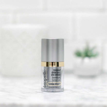 Biopelle Tensage Stem Cell Eye Cream bottle with CellPro technology, retinol and caffeine for puffiness, dark circles shown.