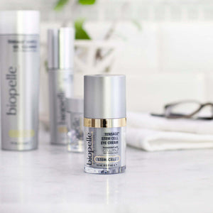 Biopelle Tensage Stem Cell Eye Cream bottle with CellPro, retinol, caffeine on vanity for puffiness and fine lines near eye.