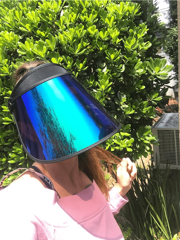 Bluestone Full Lux Mermaid face shield in full-coverage position — blocks 99% UVA/UVB rays, ideal for sun protection