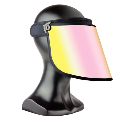 Bluestone Full Lux Rose Gold sun shield displayed on stand — heat-resistant adjustable lens, recommended for UV and sun protection