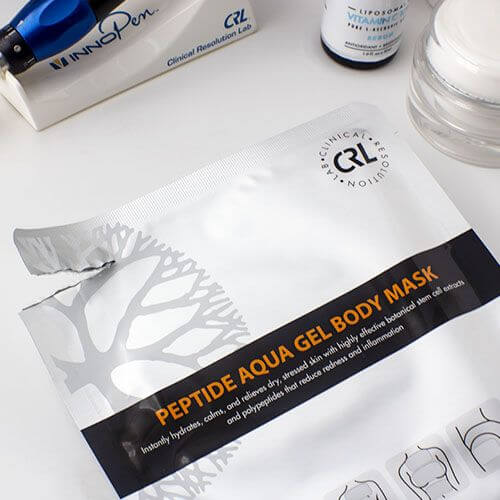 Clinical Resolution Peptide Aqua Gel Body Mask on skin — paraben-free gel sheet for post-procedure body recovery and hydration