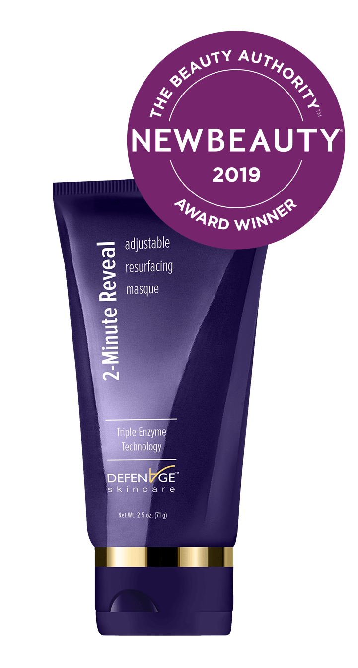 DefenAge 2 Minute Reveal Masque award image with NewBeauty 2019 badge for exfoliating, resurfacing and brighter facial skin.