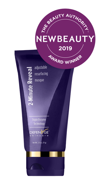 DefenAge 2 Minute Reveal Masque award image with NewBeauty 2019 badge for exfoliating, resurfacing and brighter facial skin.
