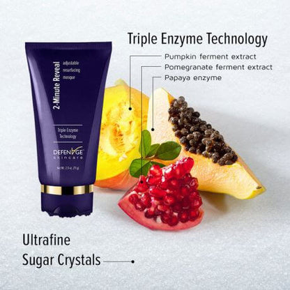 DefenAge 2 Minute Reveal Masque ingredient graphic shows papaya, pumpkin, pomegranate enzymes and sugar crystals for glowing