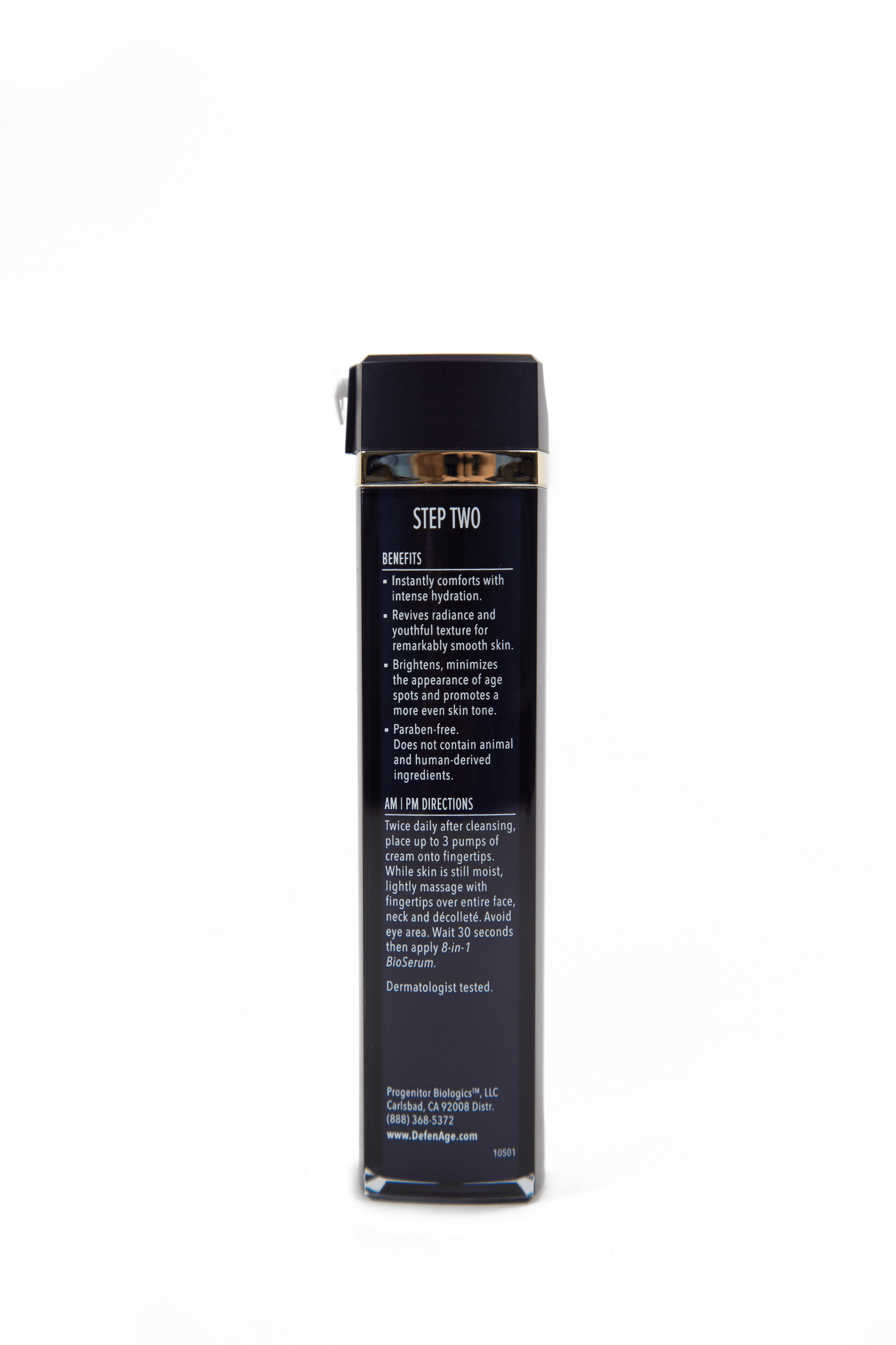 DefenAge 24/7 Barrier Balance Cream panel shows benefits and AM PM directions for hydration, brightening, refining skin use.